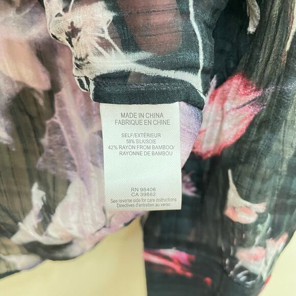 Theory Women's Size TP Black Sheer Silk Blend Floral Print Button Down Shirt - Picture 5 of 7
